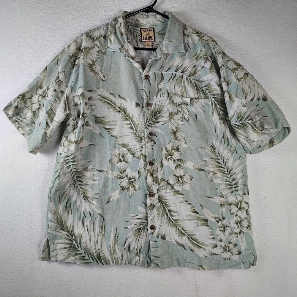 Tommy Bahama Men’s 100% Silk Hawaiian Shirt Green Floral Palm Print Size L